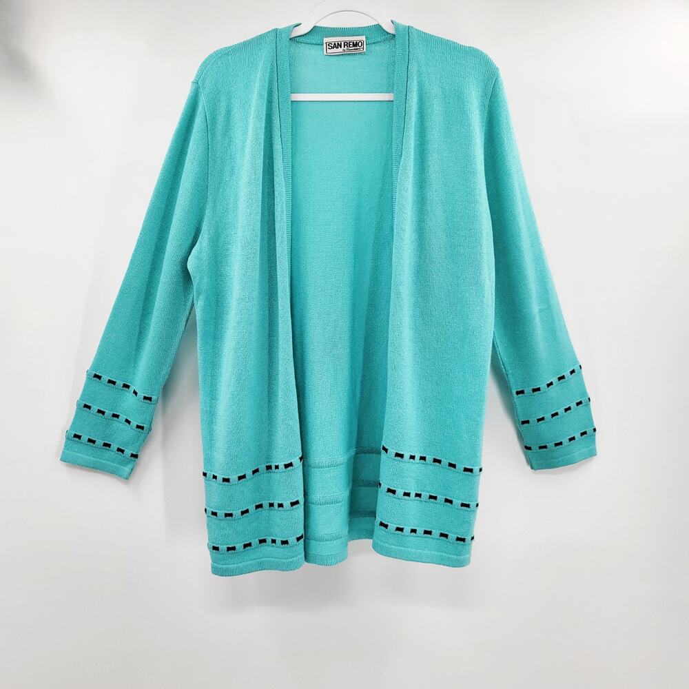 VTG San Remo by Laura Knits Blue Embroidered Knit Cardigan Size M Made in USA